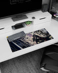 Silver-haired anime girl staring forward on mouse pad 28x12 inches, soft halo hair, steel skyline.