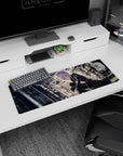Silver-haired anime girl staring forward in industrial city scene mouse pad 32x12 inches.