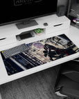 Silver-haired anime girl staring forward on desk pad 36x16 inches, black outfit with red trim in shadows.