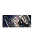 Cyber-noir anime girl desk mouse pad 28x12 inches with industrial steel beams and pale city light.