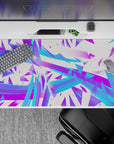 40x20 inches desk pad with electric abstract design, showcasing neon purple and electric blue swirls and sharp geometric shapes for vibrant energy.