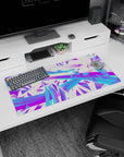 Modern 32x16 inches mouse pad featuring electric abstract design, with vibrant neon purple and electric blue swirls and sharp geometric shapes.