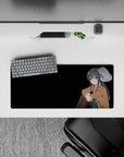 28x12 inches anime girl mouse pad in soft browns and inky hair tones with cool blue eyes, cozy dramatic mood.