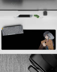 32x12 inches anime girl mouse pad in soft browns with inky hair and cool blue eyes, cozy dramatic vibe.