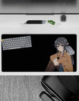 32x16 inches mouse pad in soft browns with inky hair and cool blue eyes, cozy yet dramatic anime desk accessory.