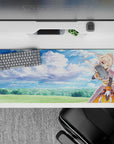 Darkness from Konosuba winks under a dreamy sky on a 36x16 inch anime mouse pad, blending watercolor clouds and armor details.