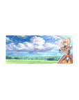Mouse pad featuring Darkness from Konosuba, size 28x12 inches, winking under a dreamy sky with watercolor clouds and bold armor detail.