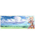 Darkness from Konosuba winks under a dreamy sky on a 32x12 inch anime mouse pad with watercolor clouds and bold armor.