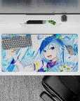 Aqua from Konosuba anime mouse pad, 32x16 inches, featuring icy tones and Aqua's cheeky grin, brightens your desk.