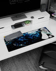 Artistic 32x12 inches mouse pad with Toshiro Hitsugaya’s icy aura, blue tones, and a looming dragon for a dramatic look.