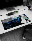 Modern 32x16 inches mouse pad featuring Toshiro Hitsugaya’s icy aura and dragon in shadows for an intense Bleach effect.