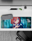 32x12 inches teal mist and bokeh anime mouse pad, copper hair, sapphire eyes, cozy gamer vibe.