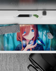 Teal mist and warm bokeh mood anime desk pad 36x16 inches, copper hair and sapphire eyes.