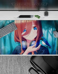 Teal mist and warm bokeh anime desk pad 40x20 inches, copper hair, sapphire eyes, cozy vibe.