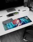 32x12 inches mouse pad showing anime girl greeting a tiny blue bird, calm pose, forest backdrop.