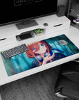 Anime girl greets a tiny blue bird on a desk pad 36x16 inches, cozy gamer vibe with headphones.