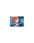 Classic anime girl mouse pad 14x10 inches with teal forest haze, blue bird, and gamer headphones.