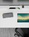 Calm 14x10 mouse pad featuring golden sky and deep blue mountains for a serene and inspiring workspace vibe