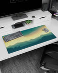 Tranquil 32x16 mouse pad with golden sunset and deep blue mountains for a peaceful, inspiring desk setup
