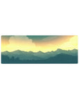 Sunset mountain 32x12 mouse pad featuring a golden sky and deep blue mountains for a calm and scenic workspace aesthetic
