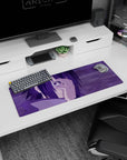 Sasuke Uchiha from Naruto anime mouse pad, 32x12 inches, with Mangekyō Sharingan, purple tones, intense and dynamic design.
