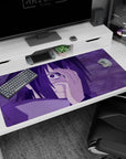 Sasuke Uchiha with Mangekyō Sharingan on 40x20 inch anime mouse pad from Naruto, electrifying purple storm scene.