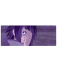 Sasuke Uchiha with Mangekyō Sharingan from Naruto on 32x12 inches anime mouse pad, purple hues, intense and electrifying.