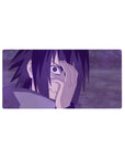 Sasuke Uchiha from Naruto on 32x16 inch anime mouse pad, showcasing Mangekyō Sharingan and purple stormy background.