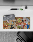 Warm reds and sandy wood tones anime mouse pad 28x12 inches, lively tavern vibes with mug-clink energy.
