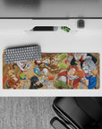 Warm red and sandy brown anime mouse pad 32x12 inches, cozy tavern party vibe with crisp linework.