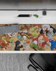 Warm red and sandy brown anime desk pad 36x16 inches with cozy guild party vibe and crisp linework.
