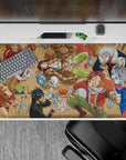 Warm red and sandy brown anime desk pad 40x20 inches with cozy tavern vibe and blue Happy accents.