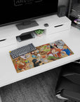 Natsu grinning with a turkey leg beside confident Lucy anime mouse pad 28x12 inches in wooden tavern.