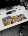 Natsu with a giant turkey leg and Lucy leaning in anime mouse pad 32x12 inches, guild tavern scene.