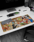 Natsu grinning with a turkey leg beside Lucy in a wooden tavern anime desk pad 36x16 inches.