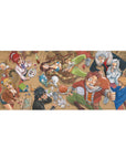 Fairy Tail tavern scene anime desk pad 36x16 inches with Natsu, Lucy, and Happy at a messy table.