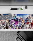 Vivid blue sea and sky desk pad 36x16 inches, bright anime adventurers, crisp clouds, bold contrast.