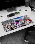 32x16 inches anime mouse pad with red-haired swordsman and violet-haired mage, capes flying by the sea.