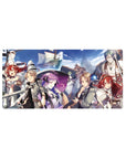32x16 inches anime mouse pad with fantasy crew on deck, tall ship on horizon, bright sky and clouds.