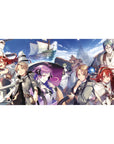 Anime desk pad 40x20 inches with fantasy crew on deck, tall ship on horizon, swords and mage pose.