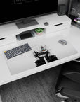 Modern 32x16 inches mouse pad featuring Kaneki design, with white hair, ghoul mask, and red eye for a minimalist yet striking Tokyo Ghoul look.