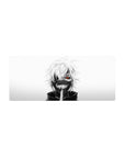 Mouse pad featuring Kaneki design, 28x12 inches, with white hair, ghoul mask, and red eye for a sharp, minimalist, and intense aesthetic.