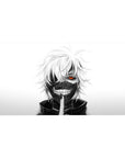 Mouse pad featuring Kaneki design, 40x20 inches, with his white hair, ghoul mask, and piercing red eye for a minimalist, intense Tokyo Ghoul aesthetic.