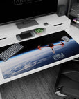 Cowboy Bebop desk pad 40x20 inches featuring Spike Spiegel's Swordfish II gliding above Earth in a cinematic space scene.