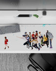 White and blue anime desk pad 36x16 inches with a quiet winter mood and heartfelt Erased-style scene.