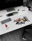 Kayo in a red coat walks ahead on this 36x16 inches anime desk pad as friends trail behind.