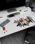 Kayo in a red coat walks alone on this 40x20 inches anime desk pad, with friends reaching behind.