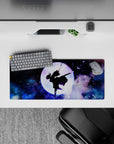 Shinobu silhouette on 28x12 inch mouse pad with glowing moon, violet butterflies, cosmic clouds from Demon Slayer anime.