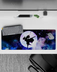 Shinobu silhouette with violet butterflies, cosmic clouds, on a 32x12 inches anime mouse pad inspired by Demon Slayer.