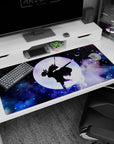Shinobu silhouette with violet butterflies and cosmic clouds on a 40x20 inch Demon Slayer anime desk pad.